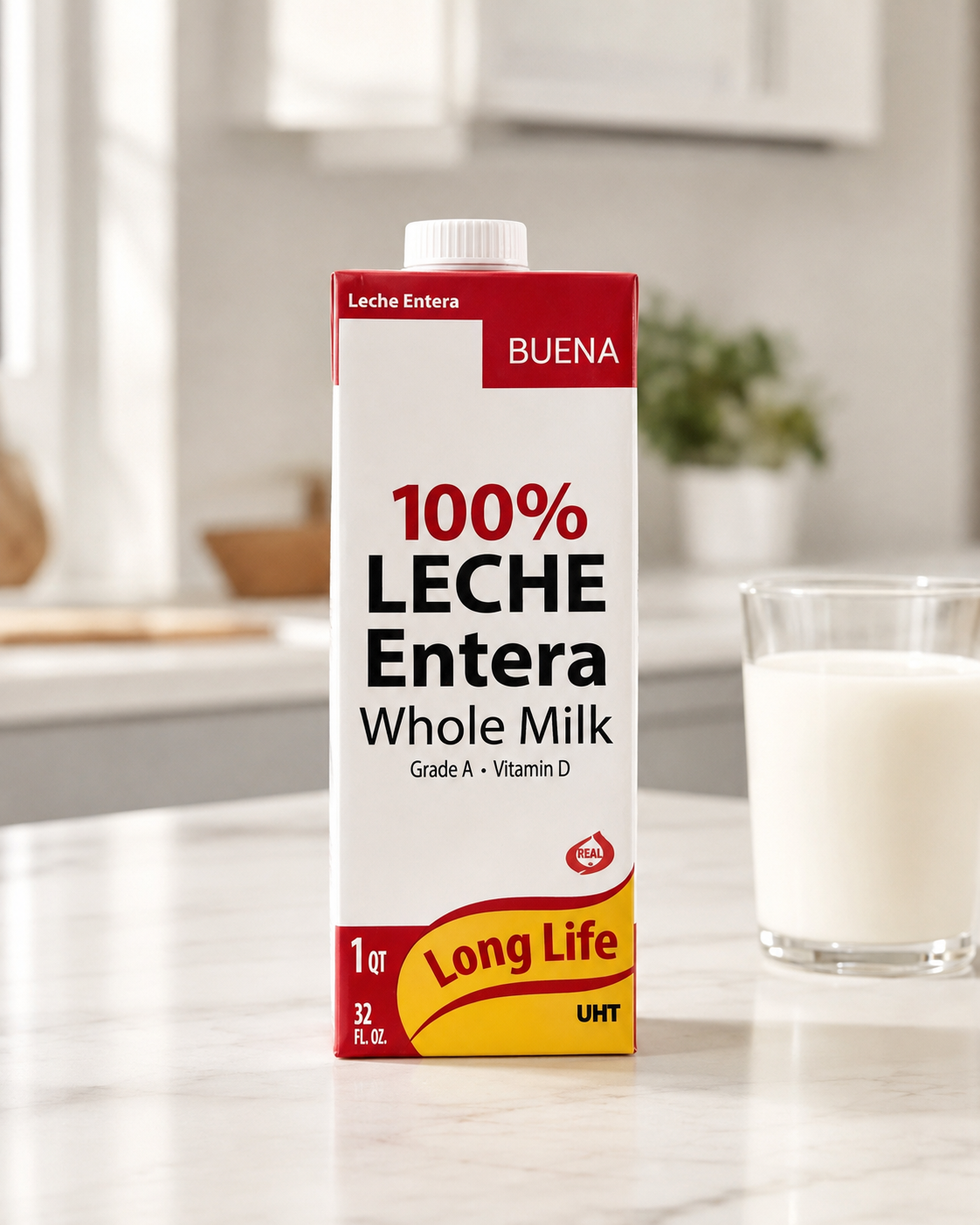 100% Leche Entera carton of BUENA Long Life milk on a kitchen counter
