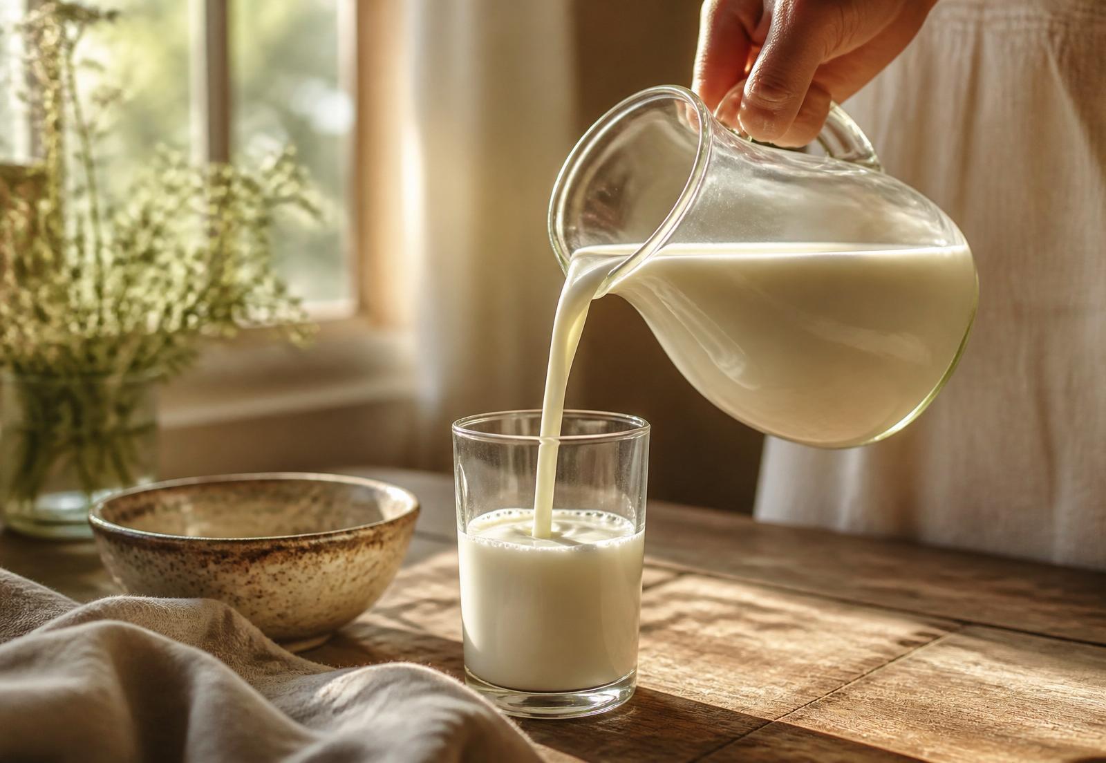 Fresh Buena milk being poured into a glass on a sunlit farmhouse table